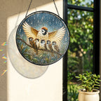 Mother Sparrow Sheltering Chicks Stained Glass Suncatcher