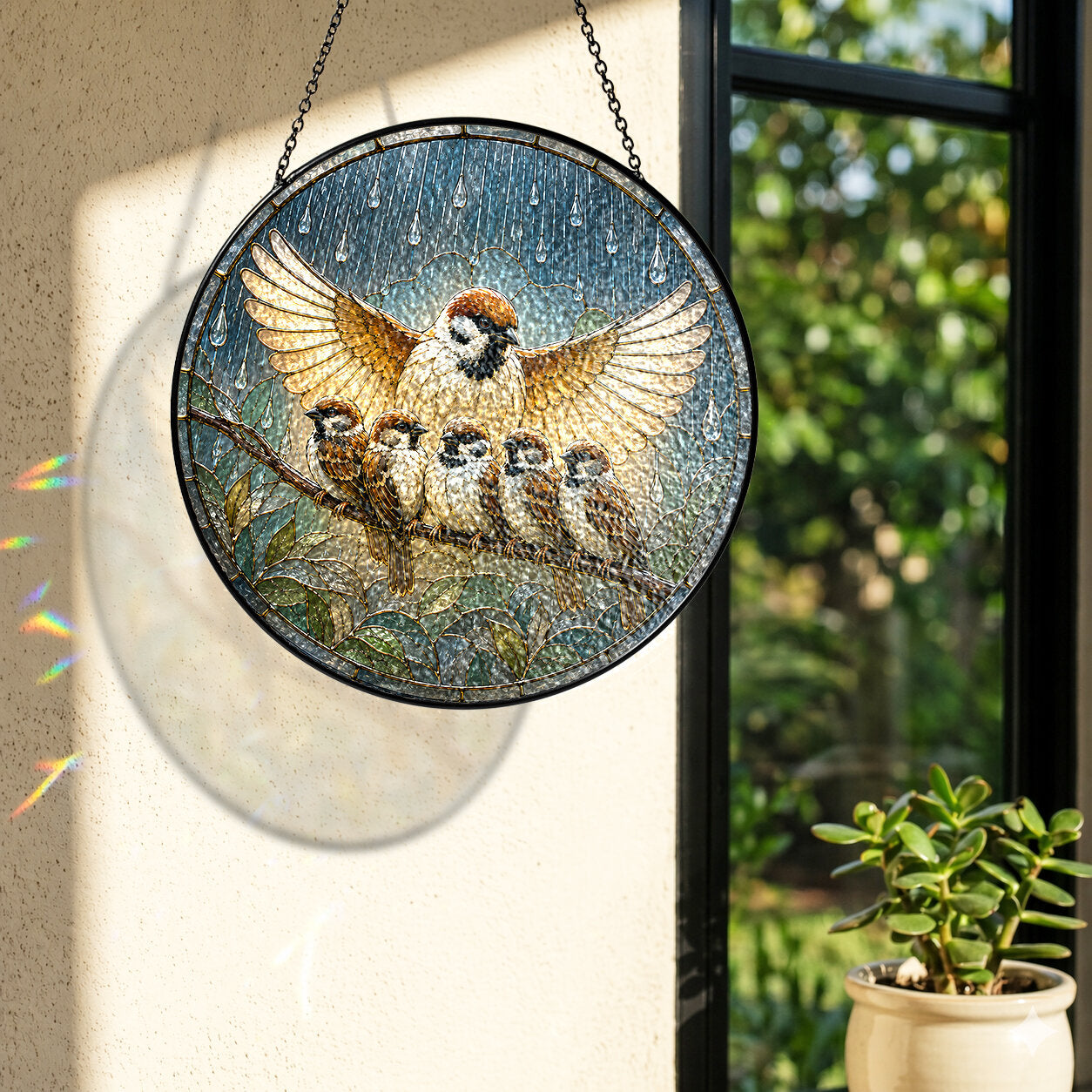 Mother Sparrow Sheltering Chicks Stained Glass Suncatcher