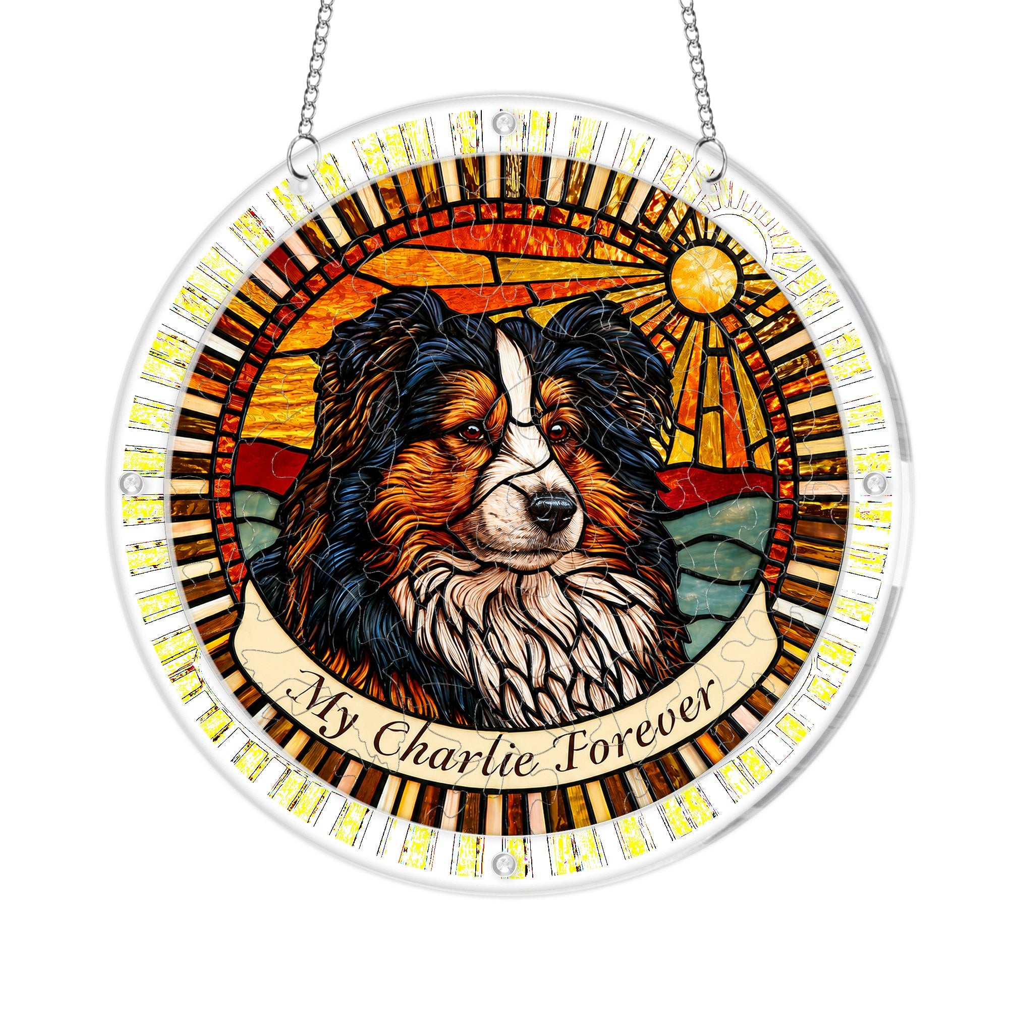 Close-up of dog memorial acrylic puzzle suncatcher design