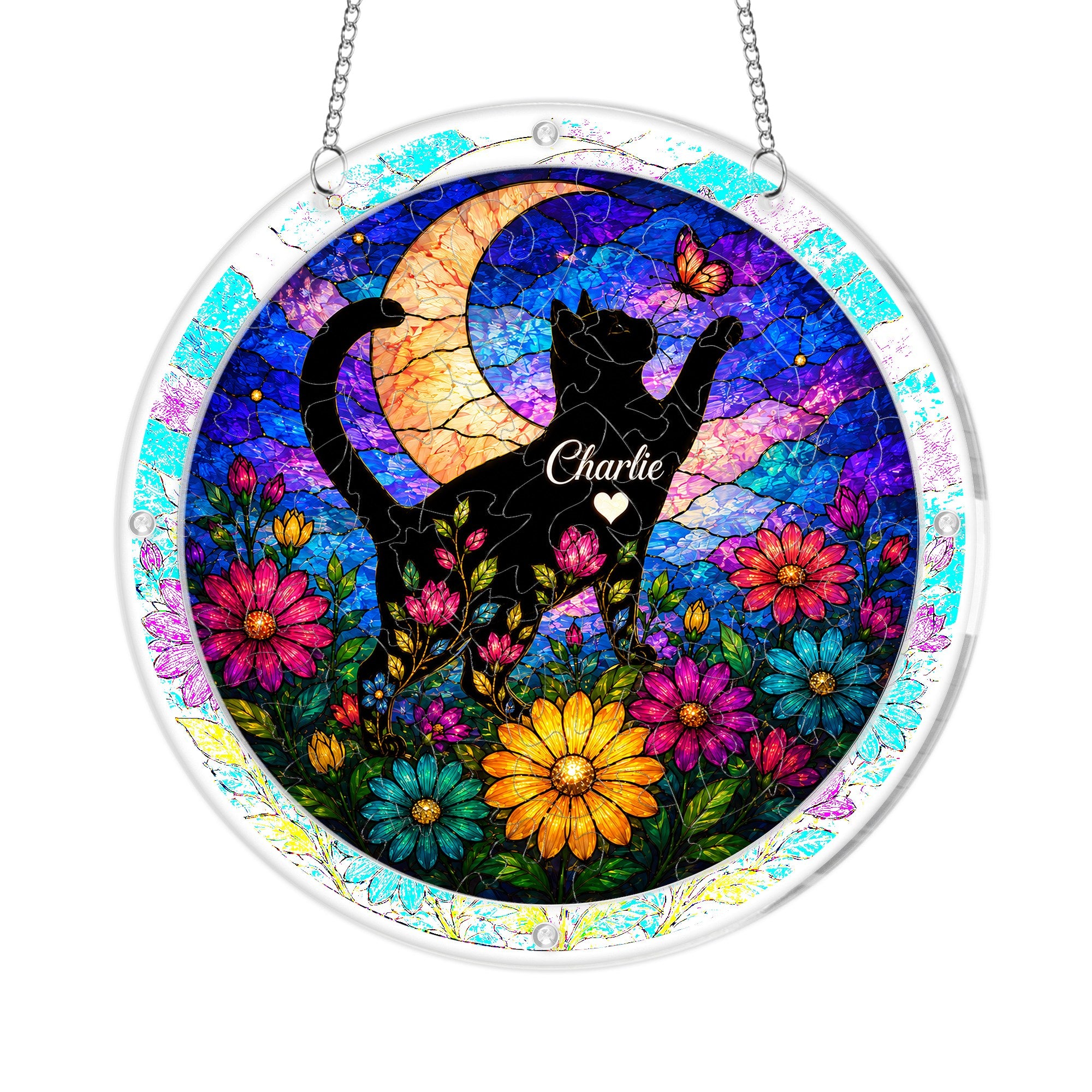Close-up of cat memorial acrylic puzzle suncatcher design