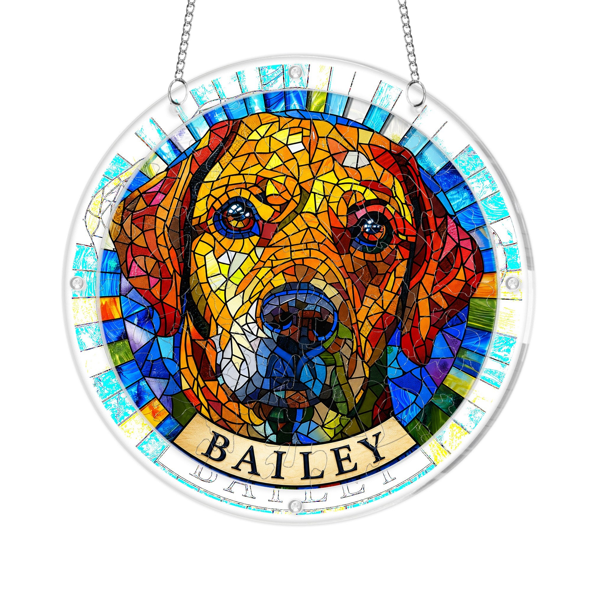 Rainbow mosaic stained-glass dog portrait suncatcher with chain on a white background