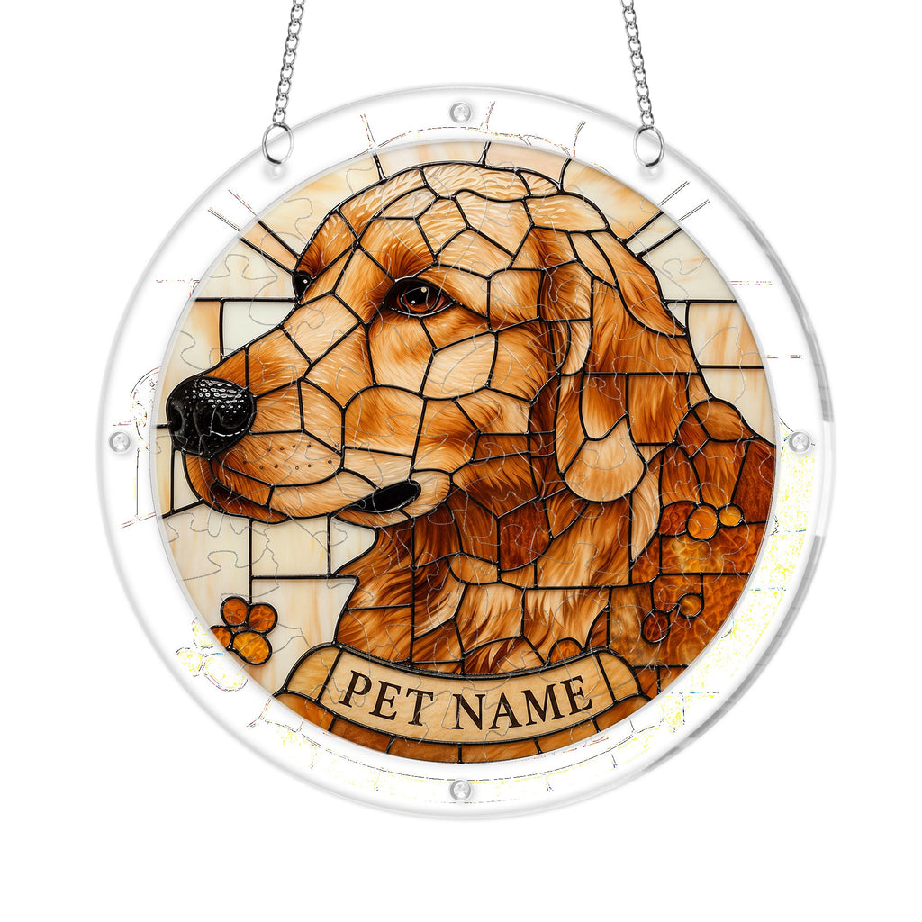 Golden stained-glass dog portrait suncatcher with chain on a white background