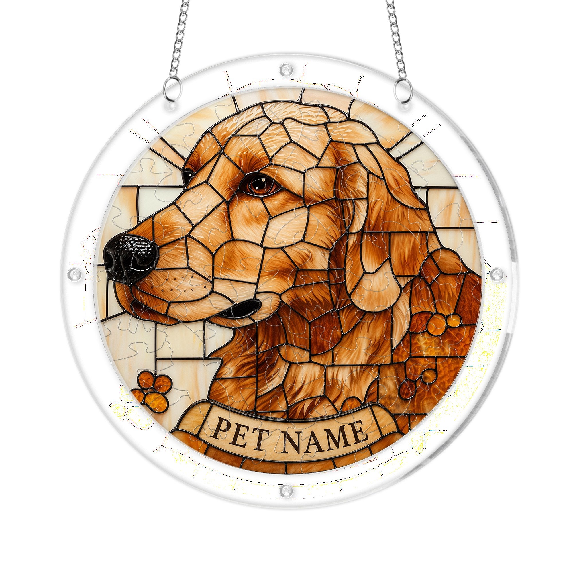 Golden stained-glass dog portrait suncatcher with chain on a white background