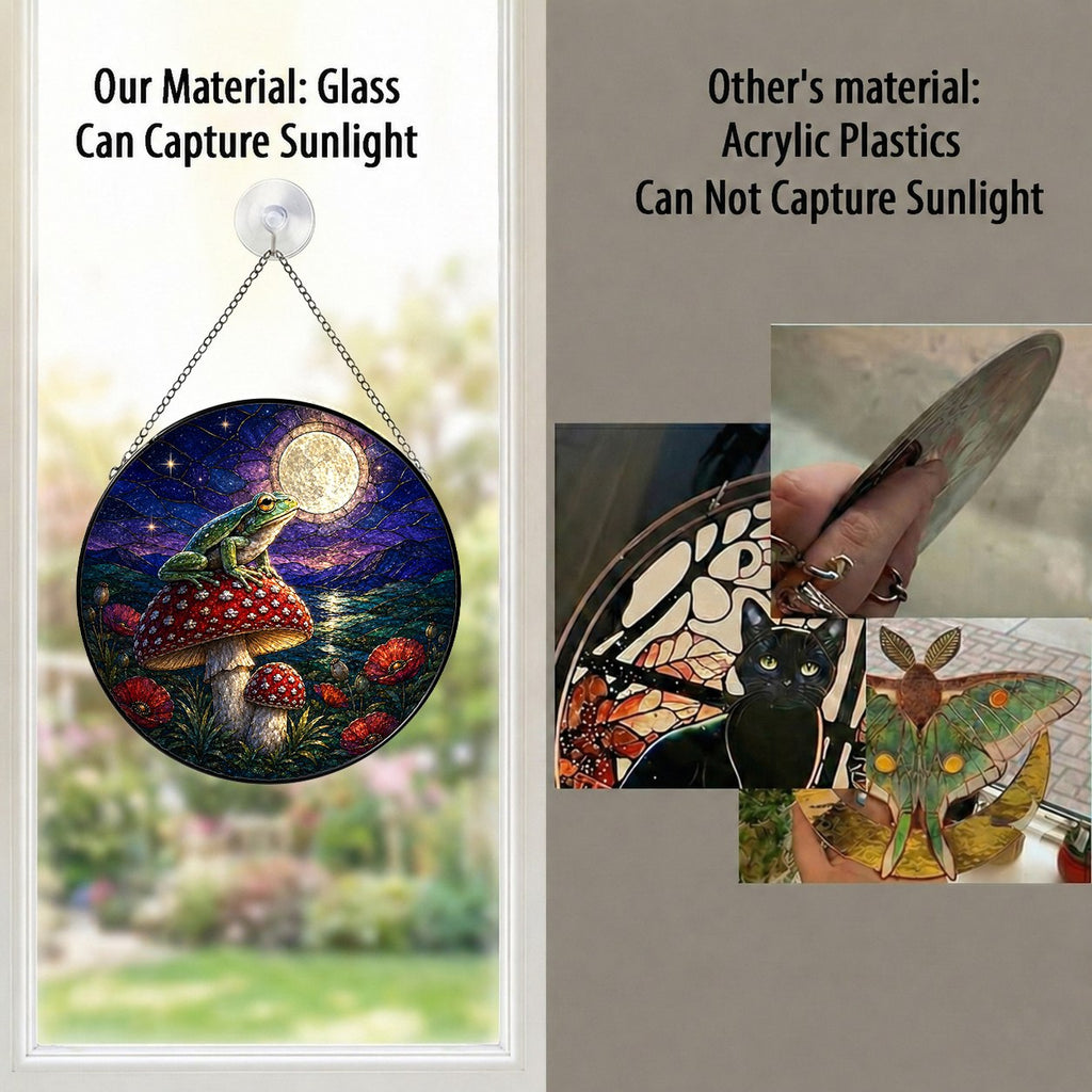Frog on Mushroom Moonlit Stained Glass Suncatcher