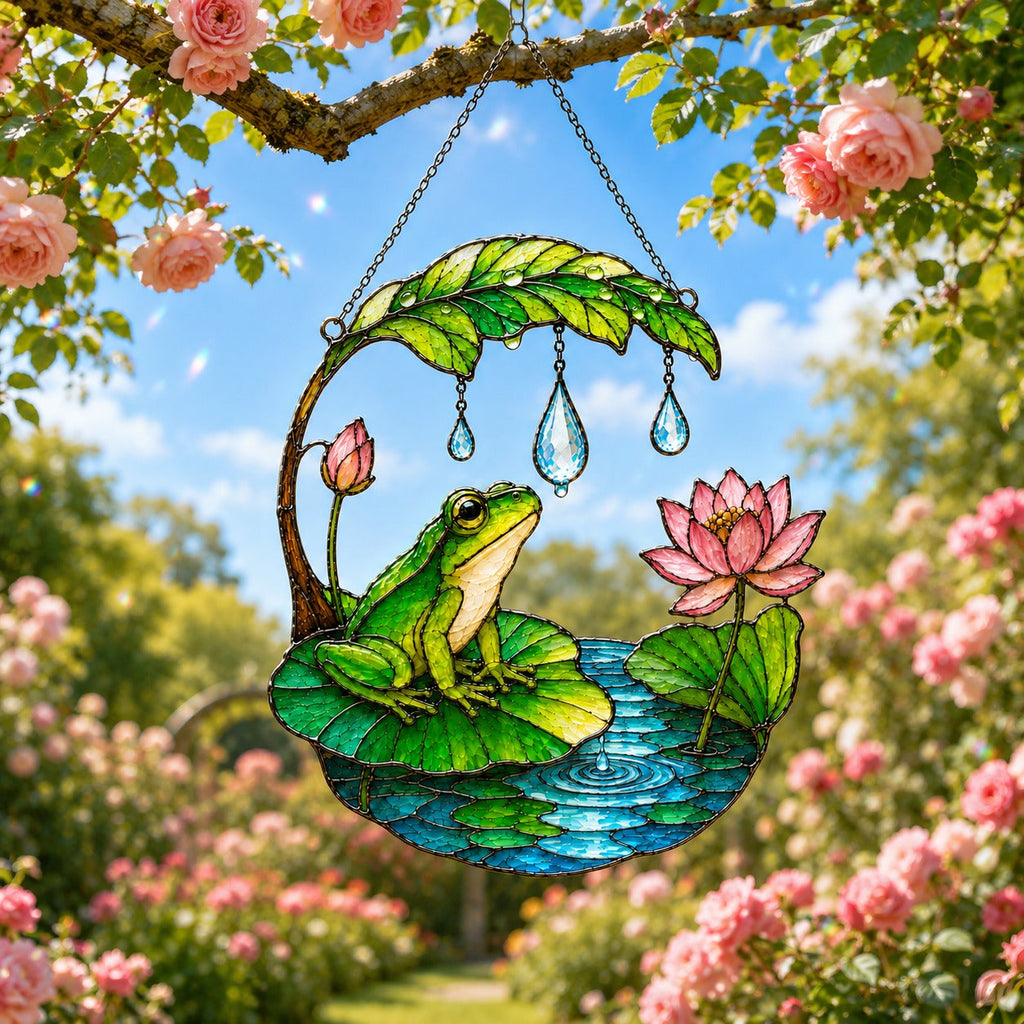 Frog suncatcher hanging outdoors among roses