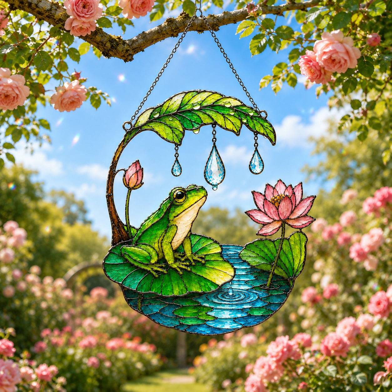 Frog suncatcher hanging outdoors among roses