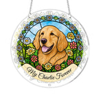 Golden retriever stained-glass suncatcher with daisy wreath and chain on a white background