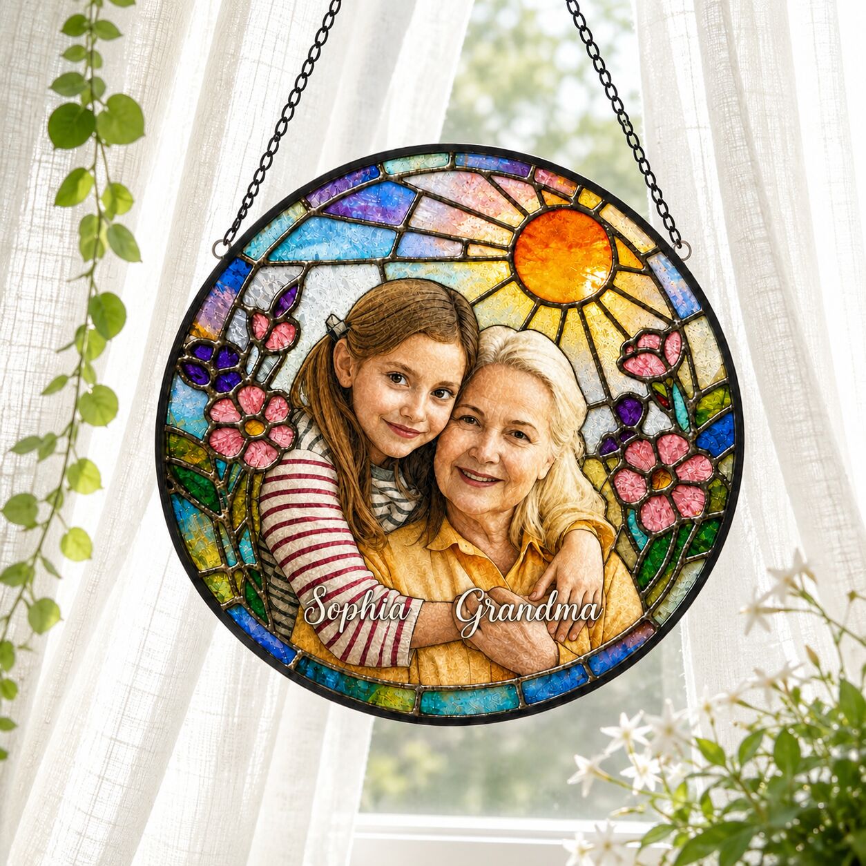 Personalized Blossom Sunrise Photo Stained Glass Suncatcher