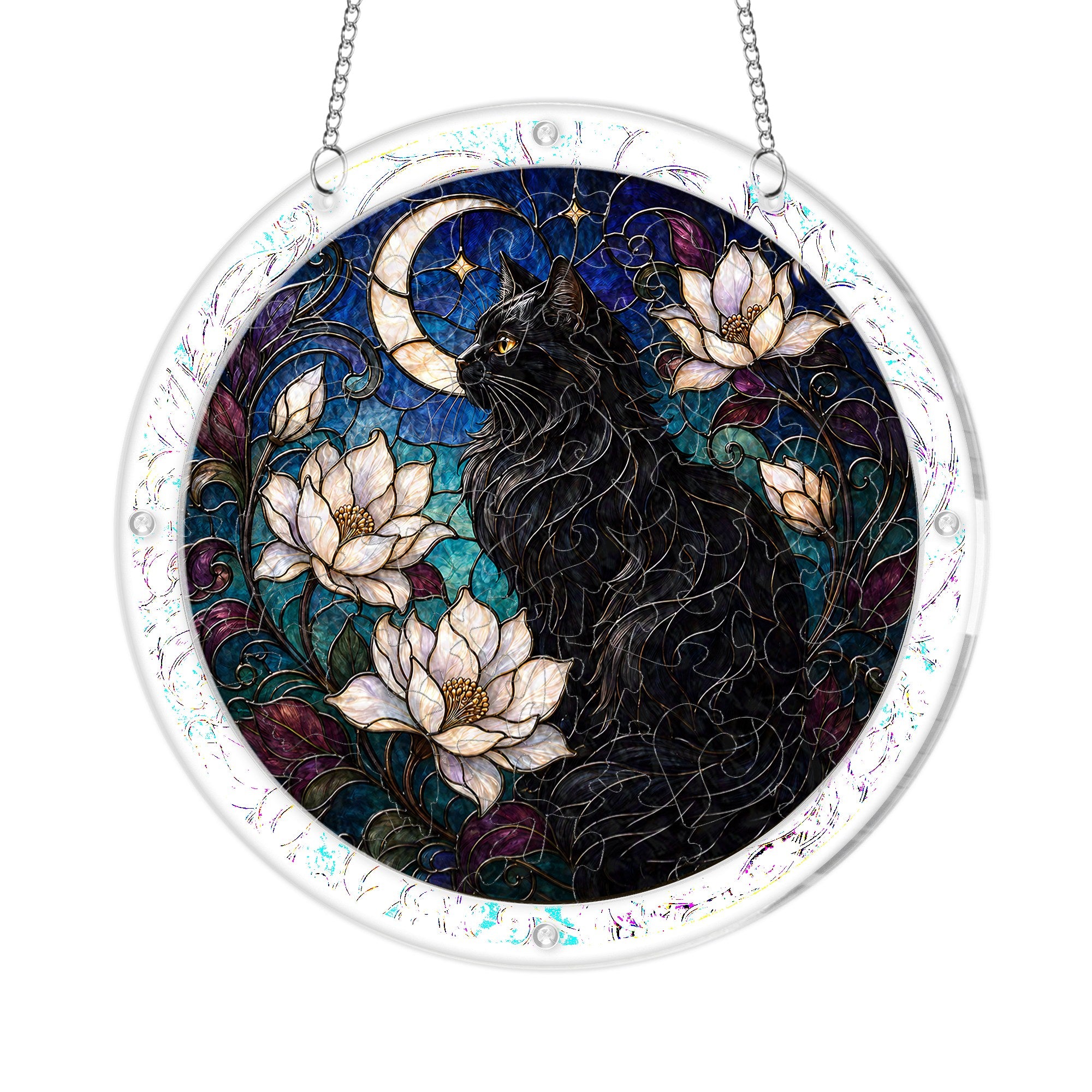 Close-up of black cat memorial acrylic puzzle suncatcher design