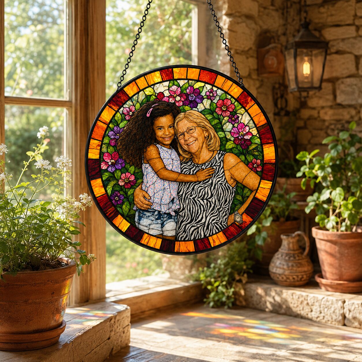 Personalized Floral Mosaic Photo Stained Glass Suncatcher