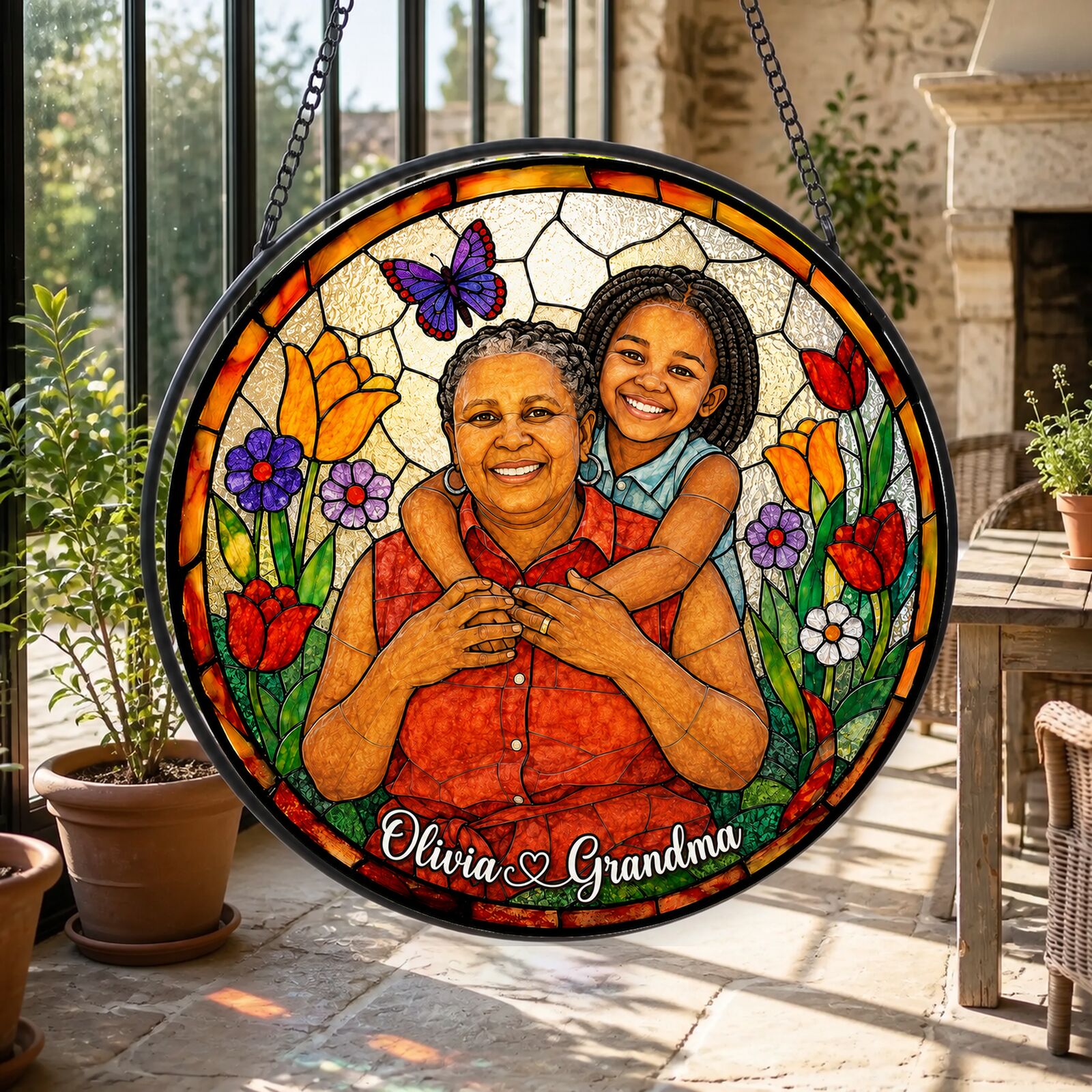 Personalized Butterfly Garden Photo Stained Glass Suncatcher