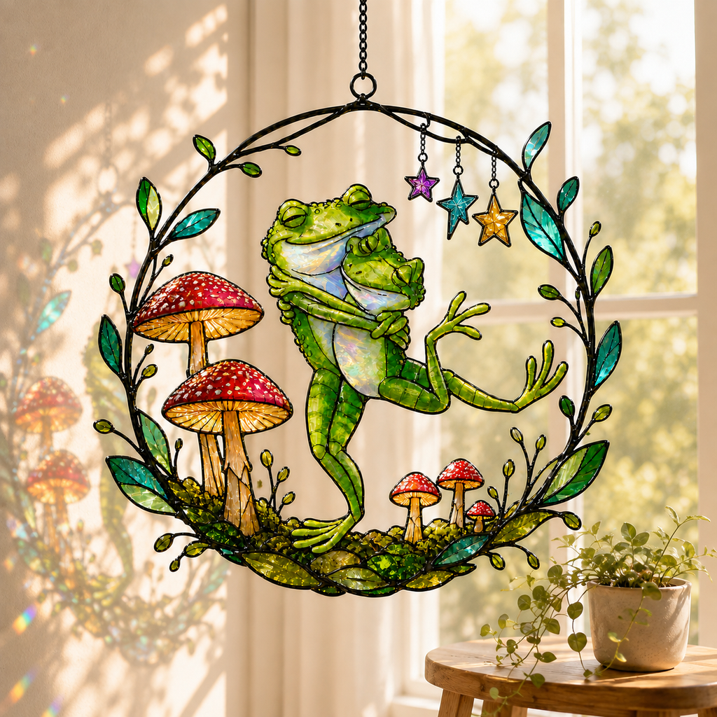 Dancing Frog Couple with Mushrooms Holographic Acrylic Suncatcher