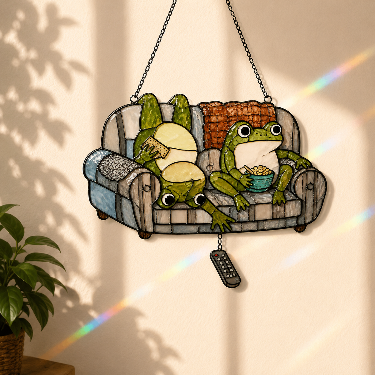 Frog Couple Movie Night on Couch Holographic Acrylic Suncatcher