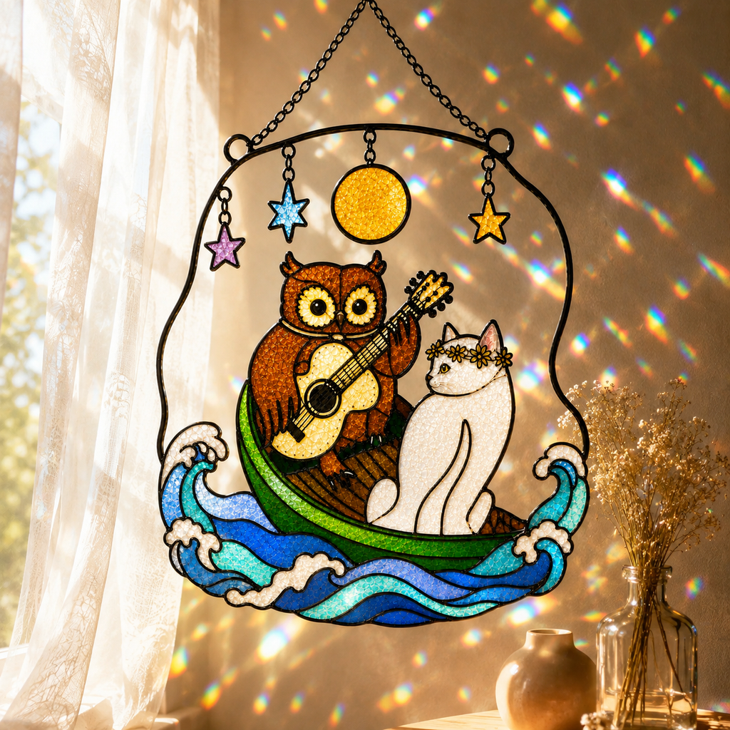 Owl and Cat Couple in a Boat Holographic Acrylic Suncatcher