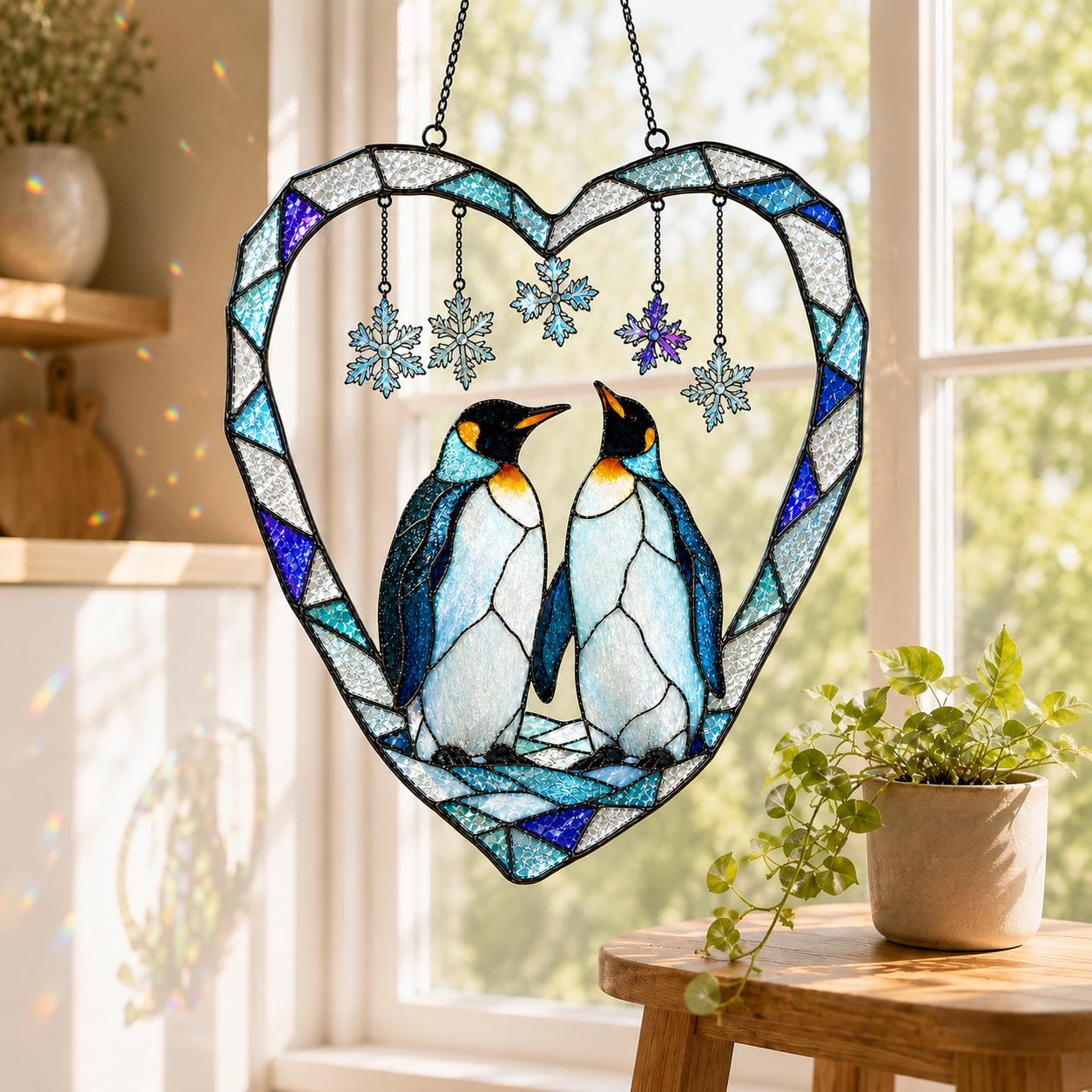 Penguin Couple Heart Snowflake Holographic Acrylic Suncatcher