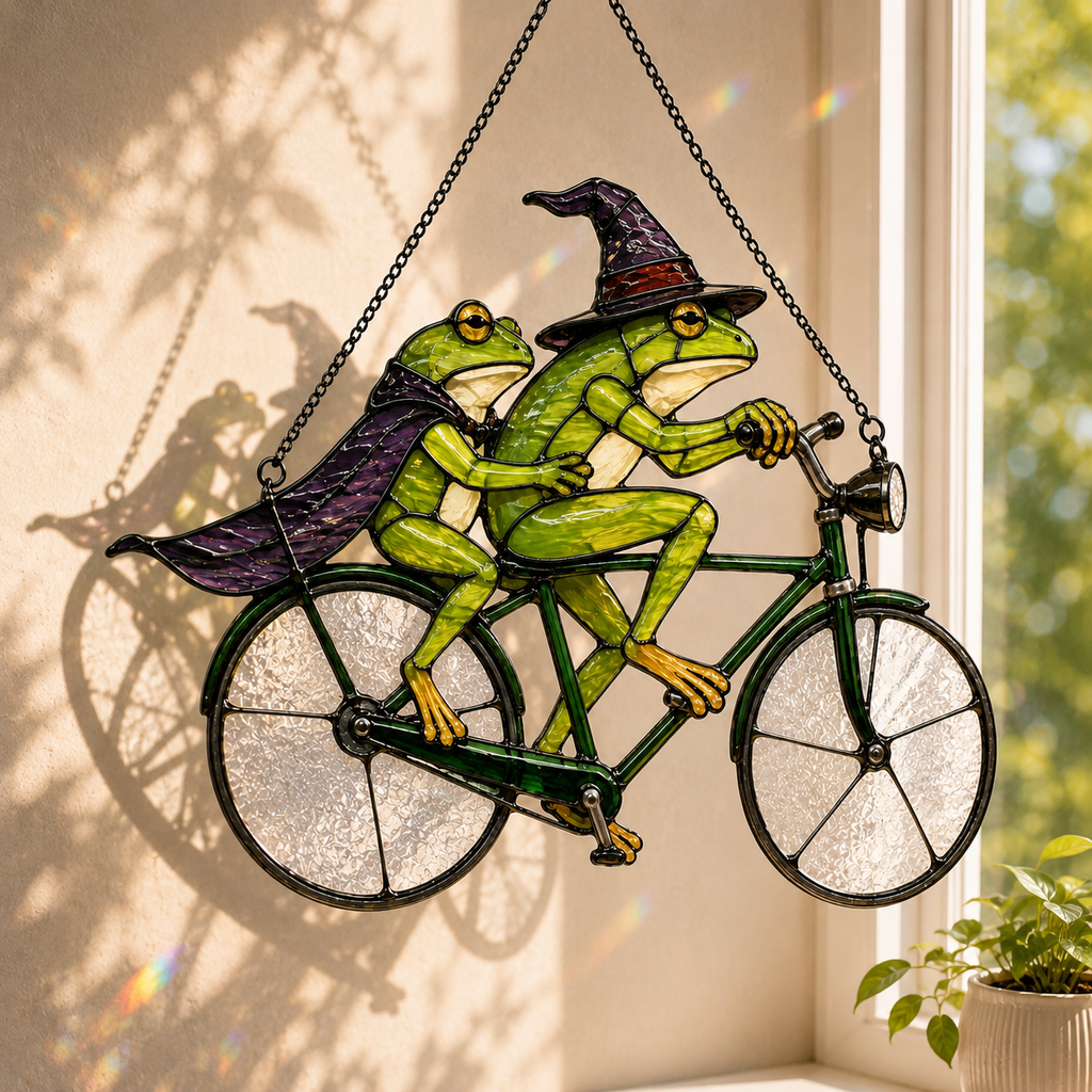 Witch Frog Couple on a Bicycle Holographic Acrylic Suncatcher