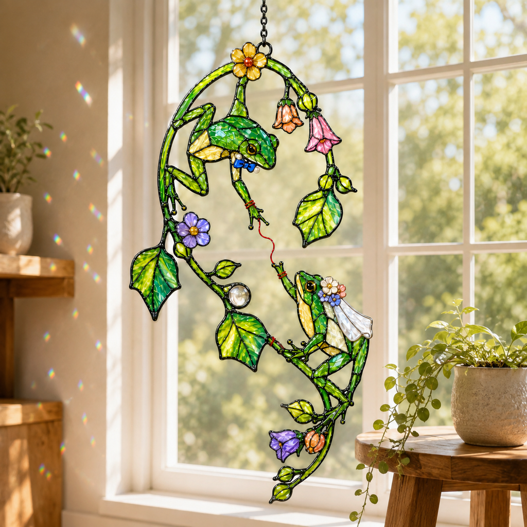 Frog Couple on Flower Vine Holographic Acrylic Suncatcher