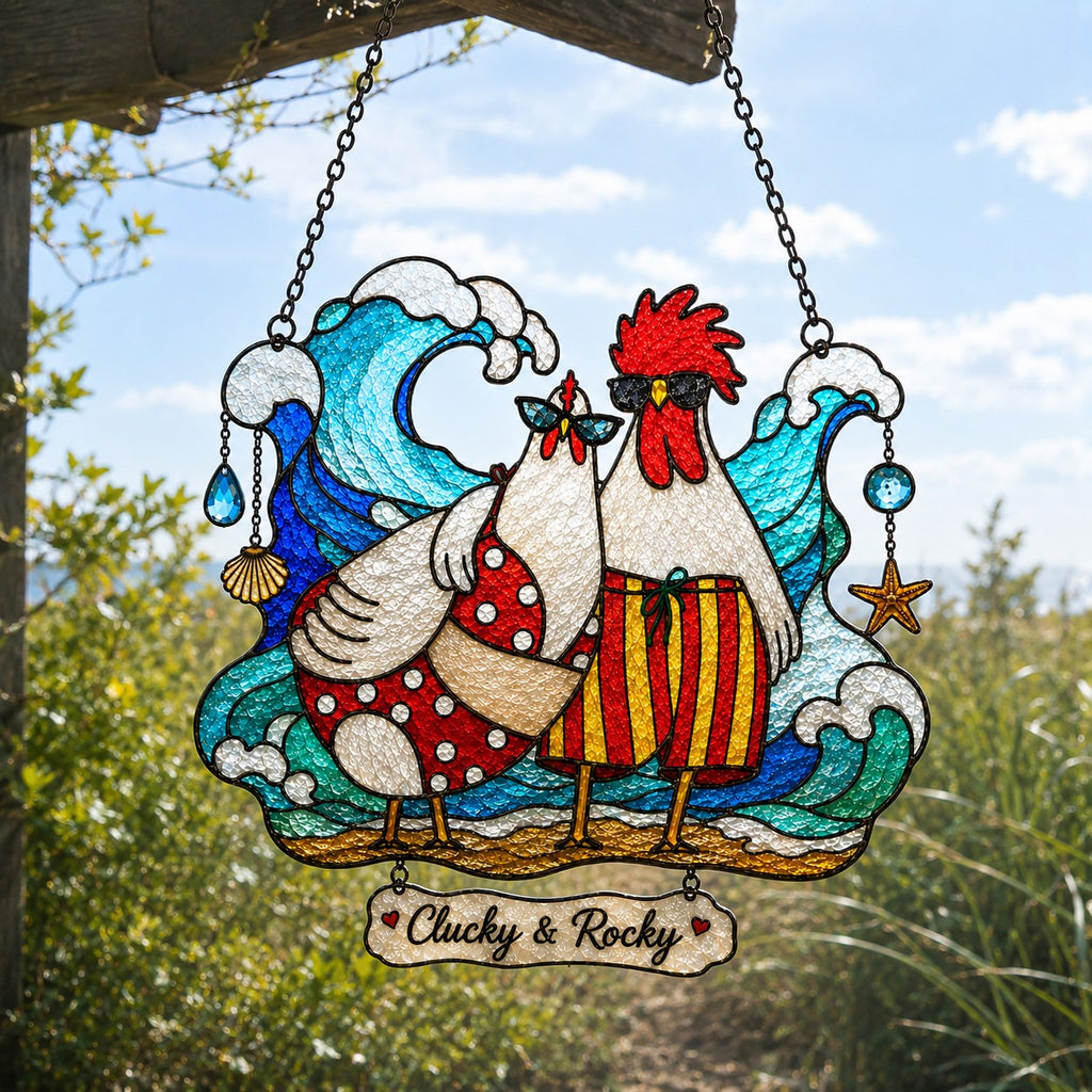 Personalized Beach Chicken Couple Holographic Acrylic Suncatcher