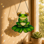 Frog & Snail Friends on Leaf Holographic Acrylic Suncatcher
