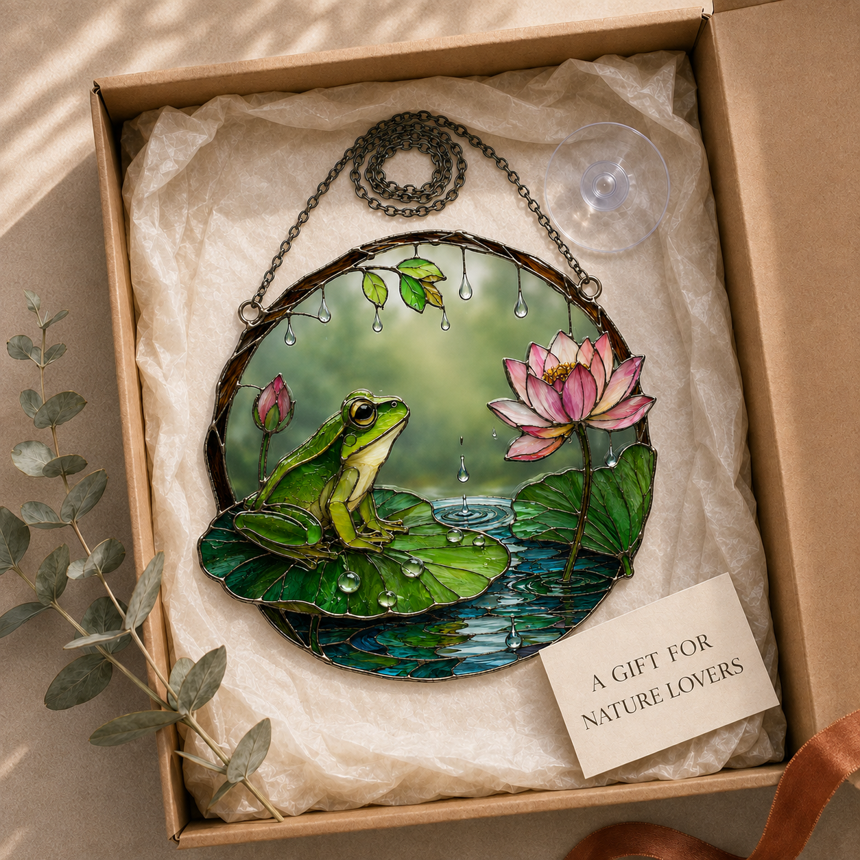 Frog on Lily Pad & Lotus Pond Holographic Acrylic Suncatcher