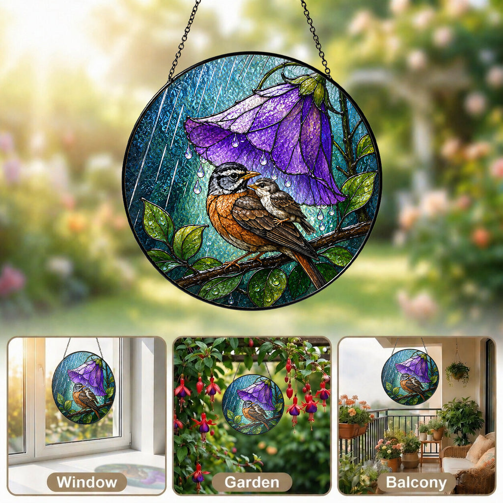 Bird & Purple Bellflower Umbrella Stained Glass Suncatcher