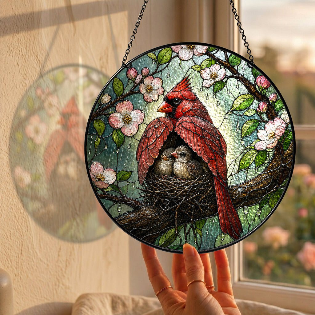 Cardinal Couple & Nest Stained Glass Suncatcher