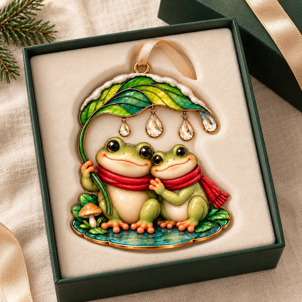Frog Couple Under One Little Leaf Acrylic Christmas Ornament