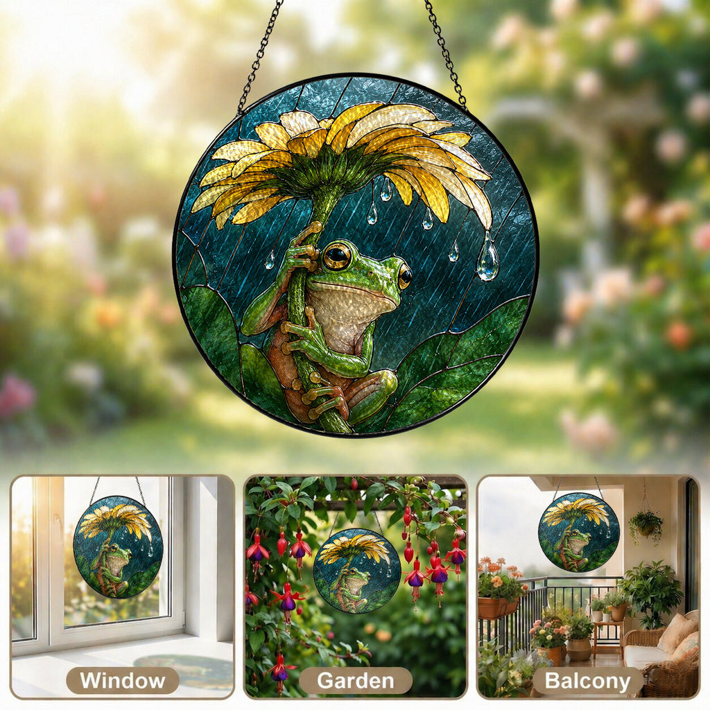 Frog with Sunflower Umbrella Stained Glass Suncatcher