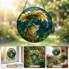 Frog with Sunflower Umbrella Stained Glass Suncatcher