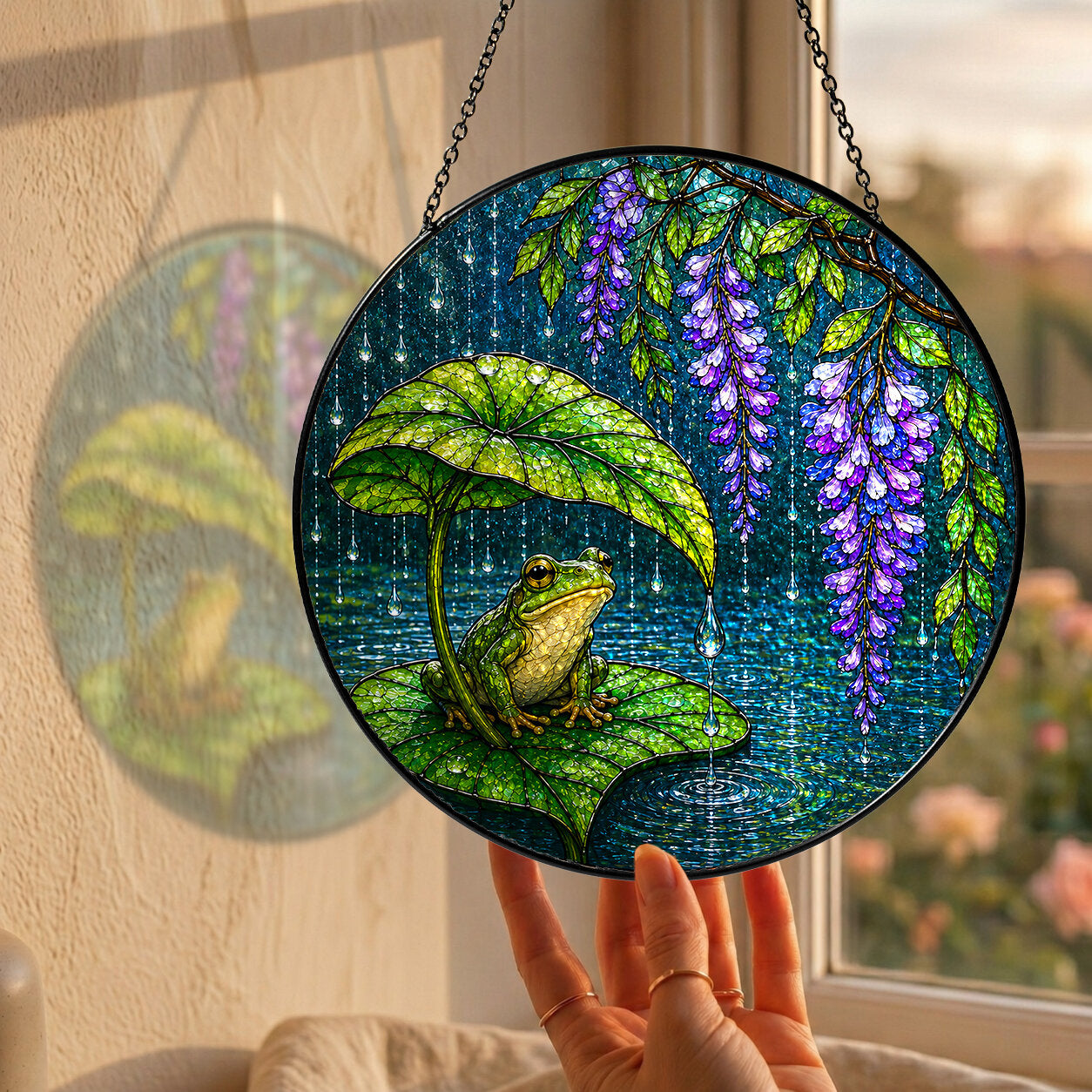 Frog & Wisteria Leaf Umbrella Stained Glass Suncatcher