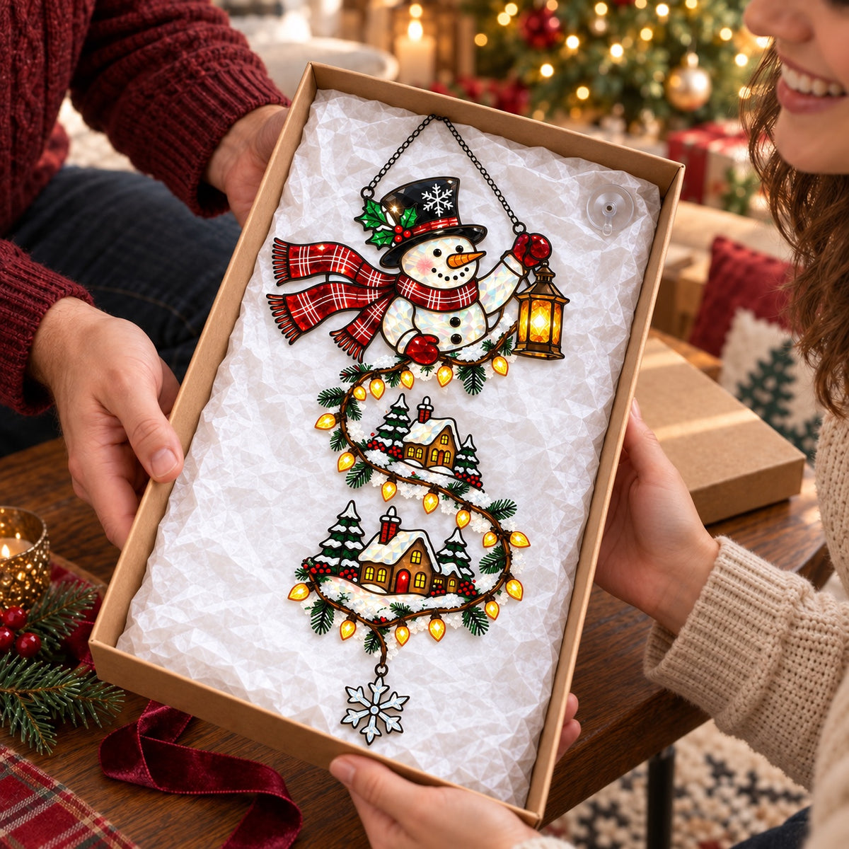 Personalized Snowman with Lantern & Winding Village Holographic Acrylic Suncatcher