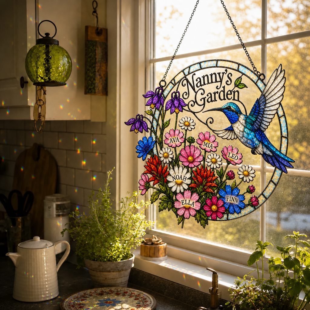 Personalized Nanny's Garden Hummingbird Holographic Acrylic Suncatcher