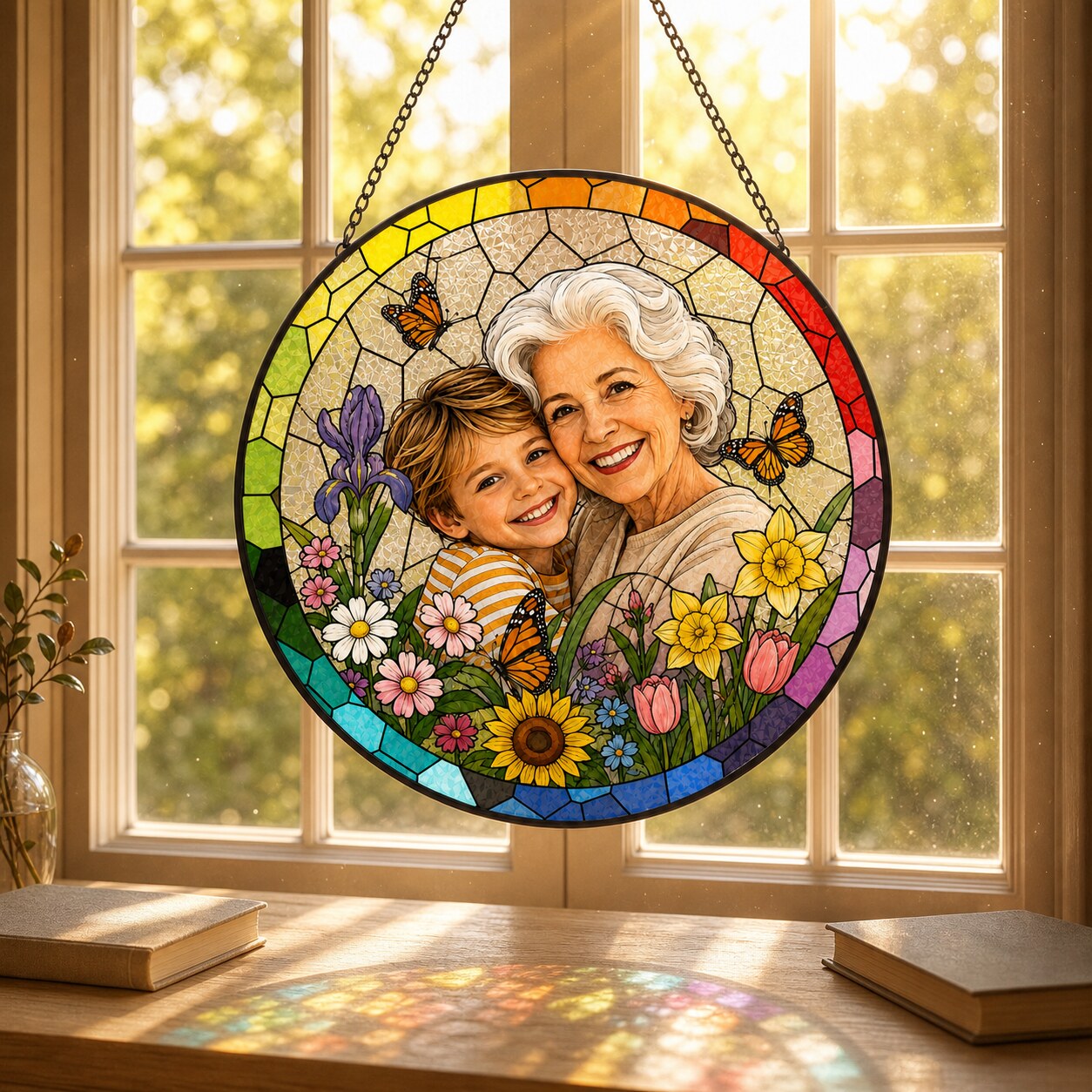 Personalized Rainbow Garden Photo Stained Glass Suncatcher