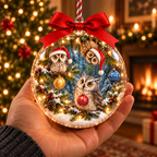 Three Owls in Santa Hats Snowy Christmas Bauble Ornament
