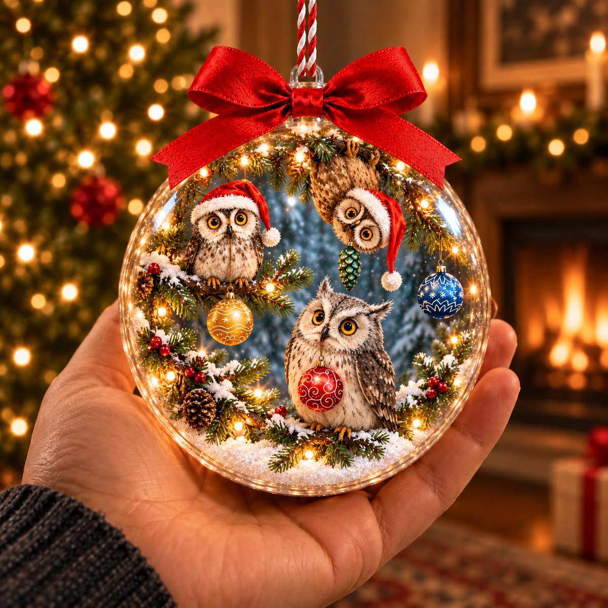 Three Owls in Santa Hats Snowy Christmas Bauble Ornament