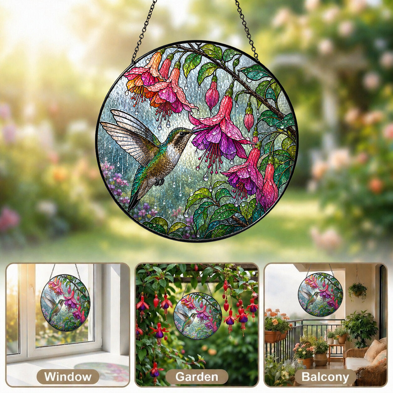 Hummingbird & Fuchsia Stained Glass Suncatcher