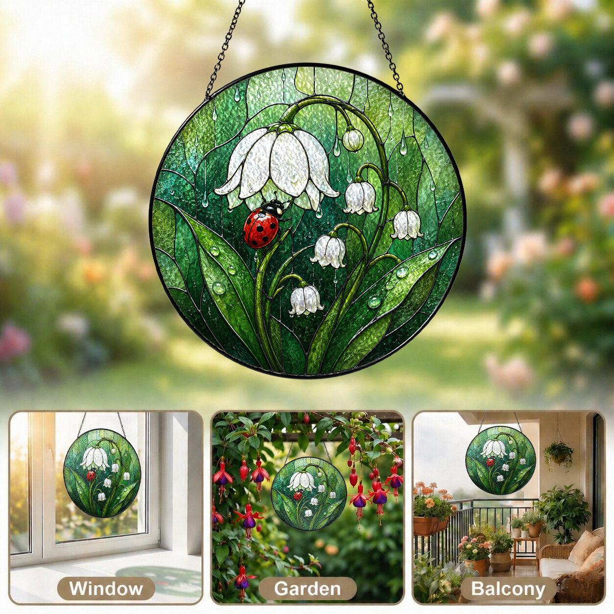 Ladybug & Lily of the Valley Stained Glass Suncatcher