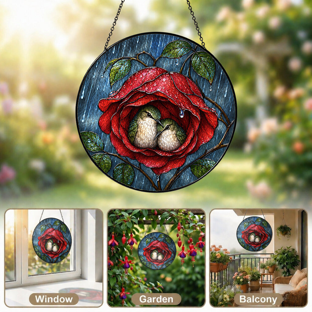 Lovebirds in a Rose Stained Glass Suncatcher