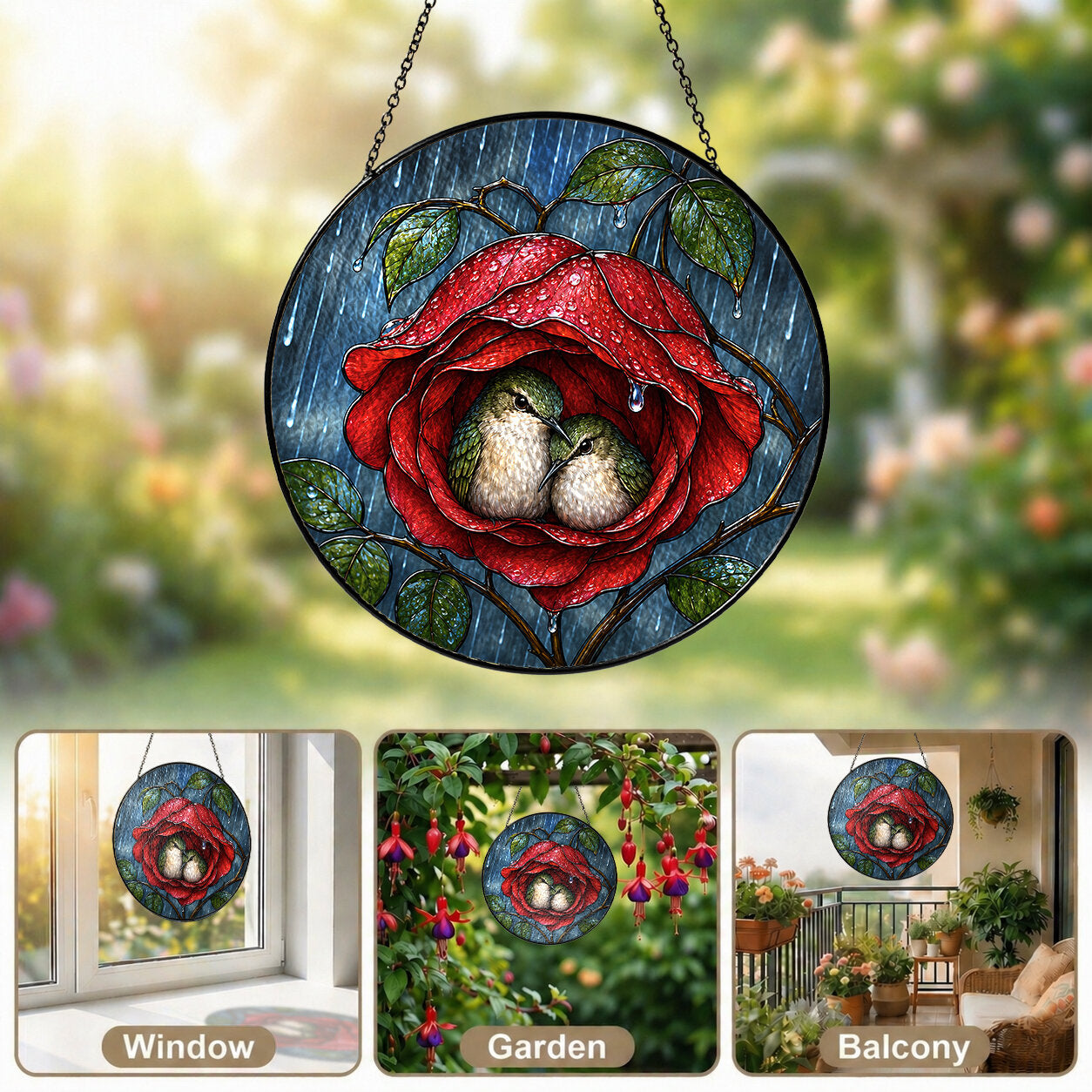 Lovebirds in a Rose Stained Glass Suncatcher