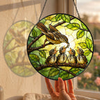 Mother Bird Feeding Chicks Stained Glass Suncatcher