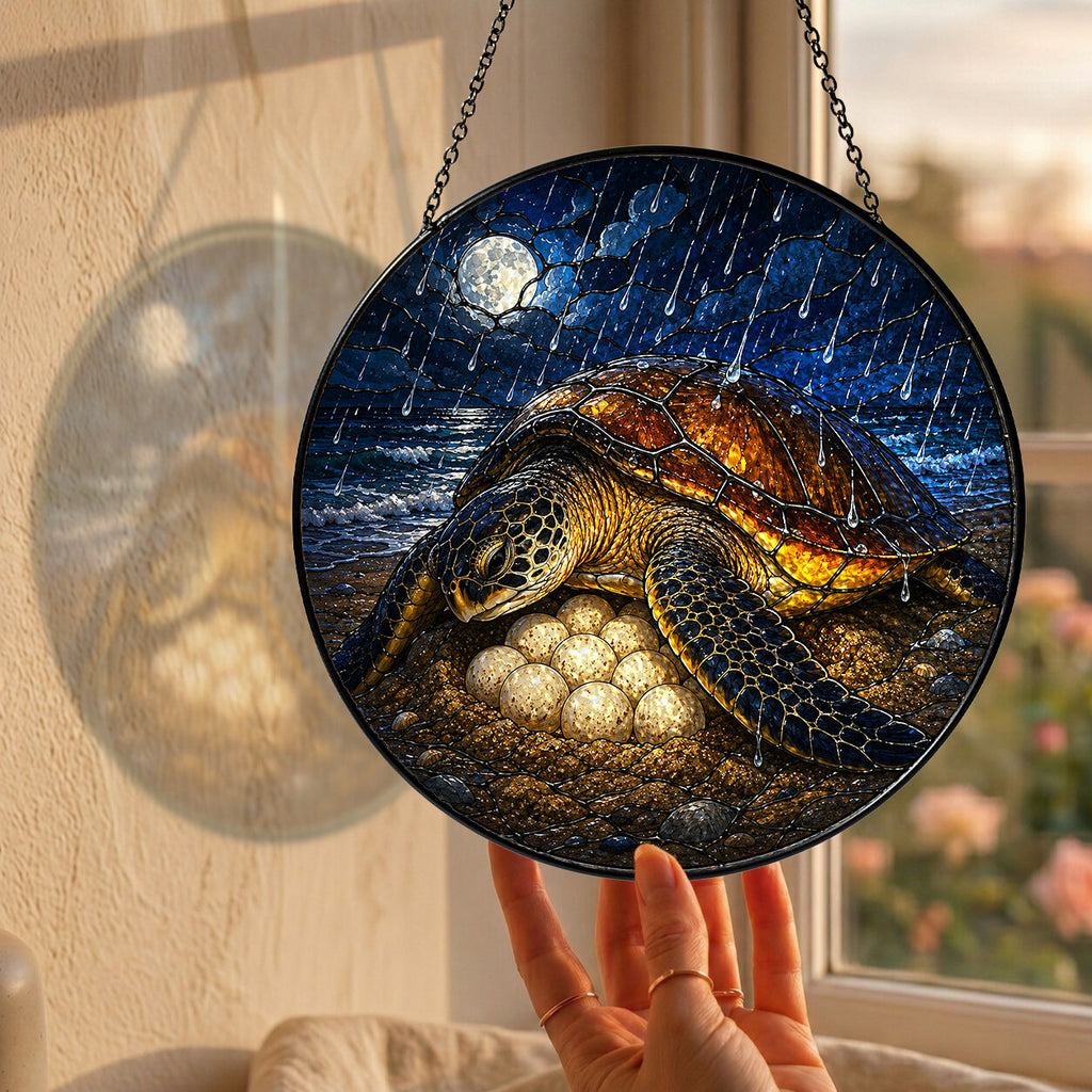 Mother Sea Turtle & Nest Stained Glass Suncatcher