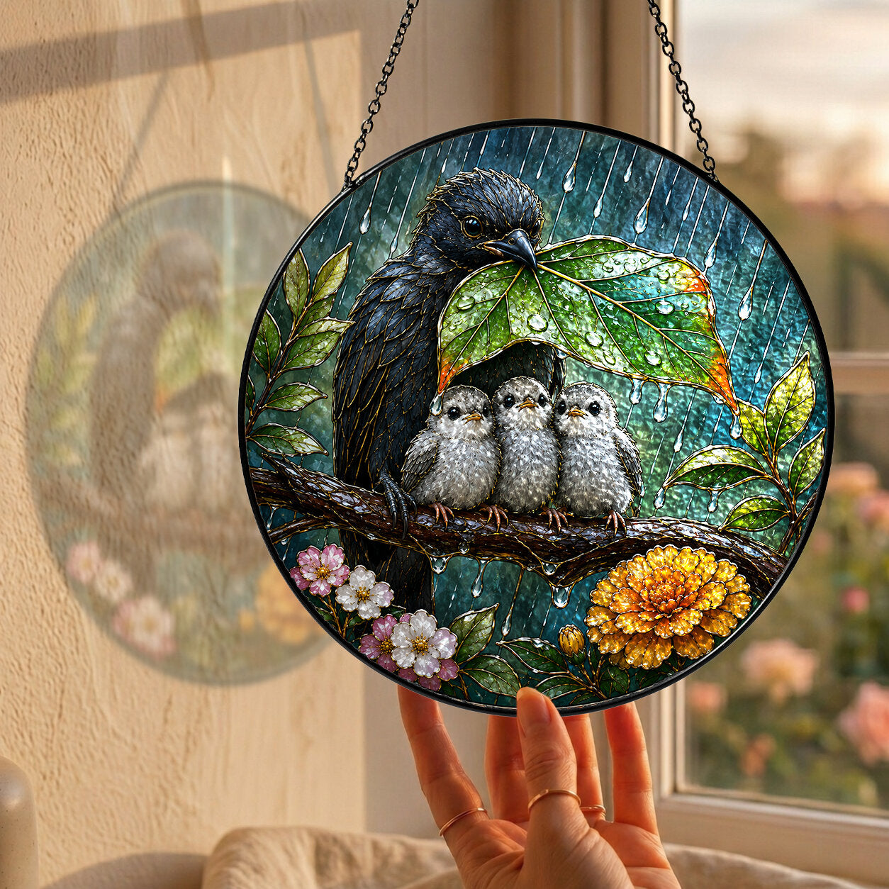 Sheltering Bird Family Stained Glass Suncatcher