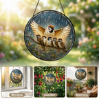Mother Sparrow Sheltering Chicks Stained Glass Suncatcher