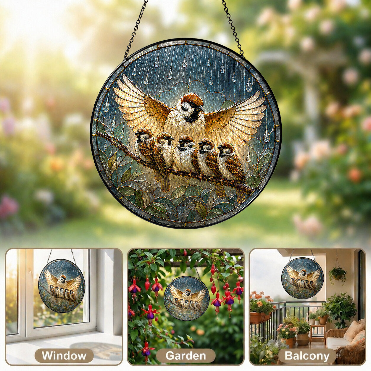 Mother Sparrow Sheltering Chicks Stained Glass Suncatcher