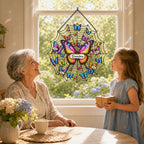 Grandma and granddaughter admiring the personalized butterfly suncatcher