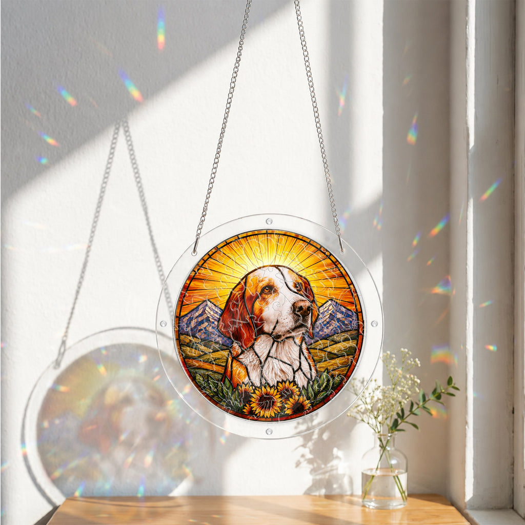 Dog memorial puzzle suncatcher catching colorful sunlight