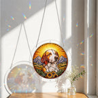 Dog memorial puzzle suncatcher catching colorful sunlight