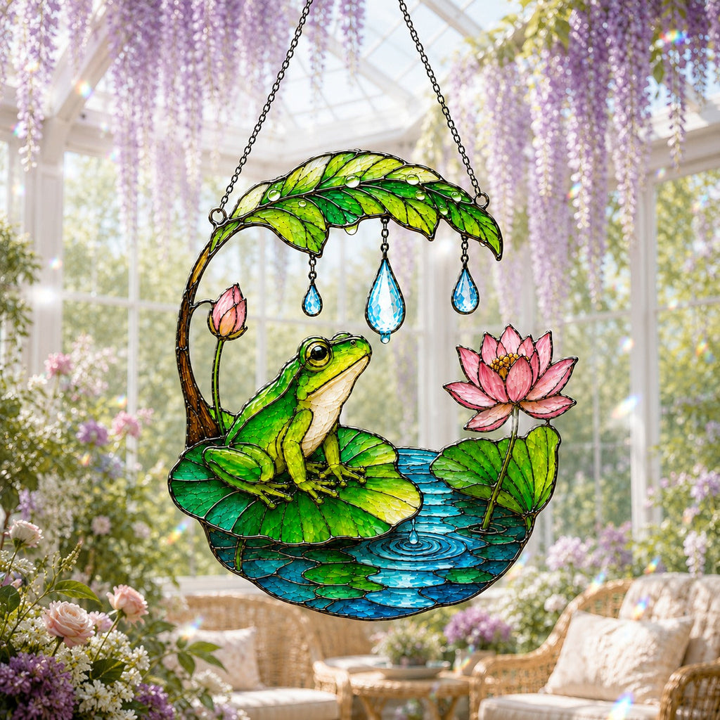 Frog suncatcher in a conservatory with wisteria