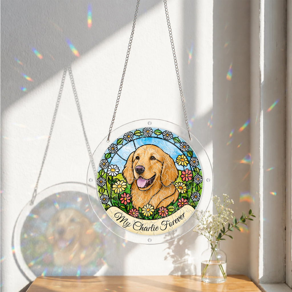 Daisy garden dog memorial suncatcher hanging in a sunlit window with sheer curtains