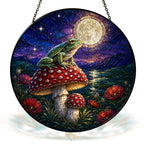 Frog on Mushroom Moonlit Stained Glass Suncatcher